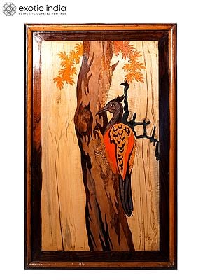 21" Woodpecker On Tree | Natural Color On Wood Panel With Inlay Work