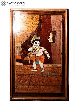21" Butter Eating Bal Krishna | Natural Color On Wood Panel With Inlay Work