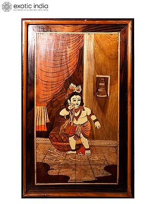 21" Little Krishna Stealing Butter | Natural Color On Wood Panel With Inlay Work