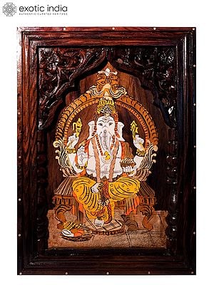 18" Chaturbhuja Lord Ganesha Seated On Asana | Natural Color On Wood Panel With Inlay Work