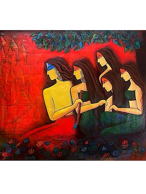 Krishna And Gopis | Acrylic And Ink On Canvas | By Kangana Vohra