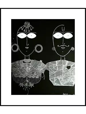 Beautiful Couple - Line Art | Pen On Paper And Mixed Media | With Frame | By Ashish Agarwal
