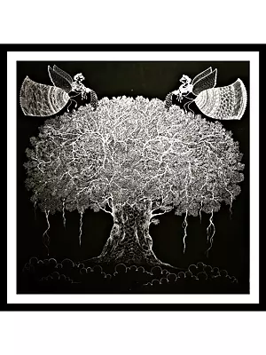 Beautiful Kalpvriksha Tree With Angels | Pen On Paper And Mixed Media | With Frame | By Ashish Agarwal