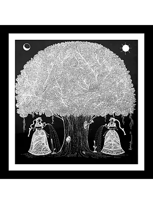 View Of Kalpvriksha Tree Worshipping | Acrylic And Mixed Media | With Frame | By Ashish Agarwal