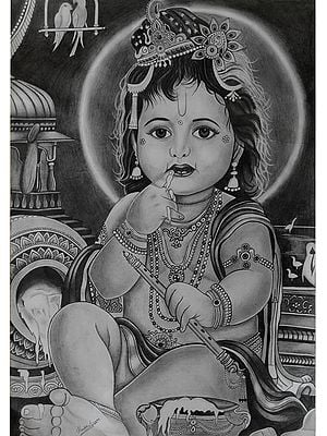 Little Krishna Holding Flute | Charcoal On Paper | By Krutik Jangir