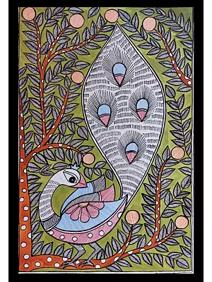 Peacock With Tail | With Frame | Acrylic Color On Hand Made Paper | Lalita Ray