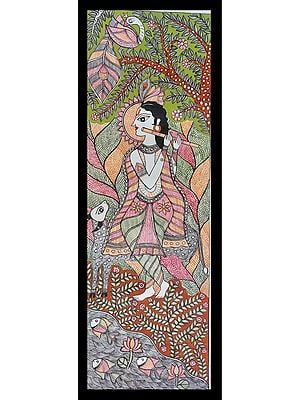 Madhubani Krishna | With Frame | Acrylic Color On Hand Made Paper | Lalita Ray