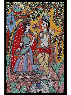 Radha Krishna Spiritual Love With Frame | Acrylic Color On Hand Made Paper | Lalita Ray