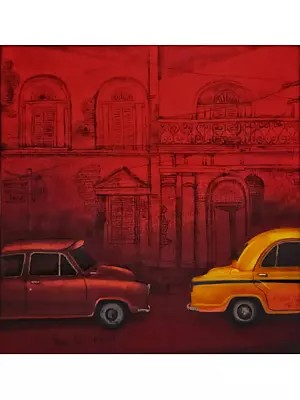 Taxis On Kolkata Road | Acrylic On Canvas | By Payel Mitra