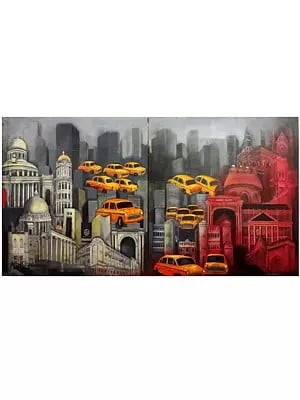 The Flying Cars In City | Acrylic On Canvas | By Payel Mitra