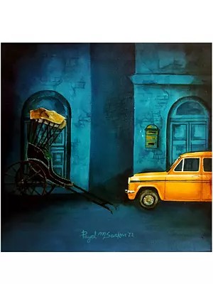 Hand-Pulled Cart And Taxi Stand | Acrylic On Canvas | By Payel Mitra