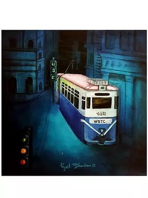 Standing Kolkata Tram Train In Night | Acrylic On Canvas | By Payel Mitra