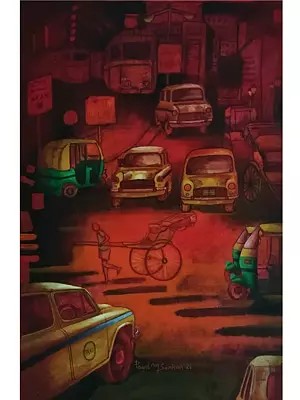 Road Cross By Rickshaw Puller | Acrylic On Canvas | By Payel Mitra