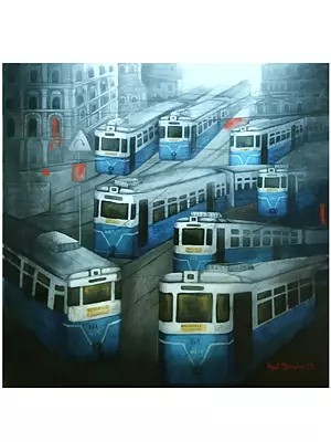 Tram Train Stand In Kolkata | Acrylic On Canvas | By Payel Mitra