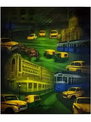 Kolkata Vehicles Running In Lane | Acrylic On Canvas | By Payel Mitra