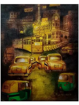 Kolkata My City - Night View Traffic | Charcoal And Acrylic On Canvas | By Payel Mitra