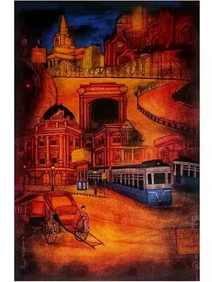 The Running Tram Train In Kolkata City | Charcoal And Acrylic On Canvas | By Payel Mitra