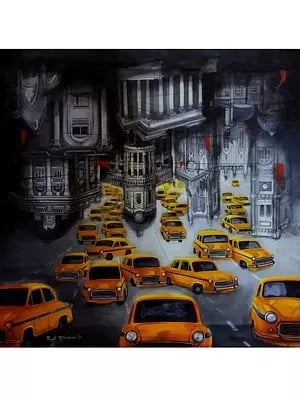 The Bunch Of Taxi In Kolkata City | Acrylic On Canvas | By Payel Mitra