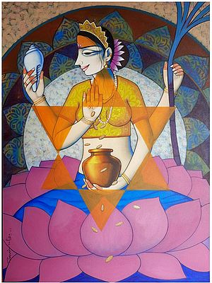 Goddess Lakshmi Seated On Lotus With Kalash | Acrylic On Canvas | By Pravin Utge