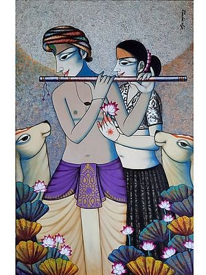 Fluting Radha And Krishna With Cow | Acrylic On Canvas | By Pravin Utge