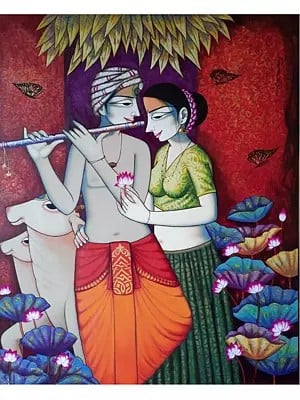 Standing Radha And Krishna With Flute | Acrylic On Canvas | By Pravin Utge