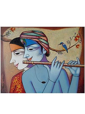 Beautiful Radha - Krishna With Bird | Acrylic On Canvas | By Pravin Utge