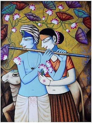 Attractive Radha And Krishna With Lotus | Acrylic On Canvas | By Pravin Utge