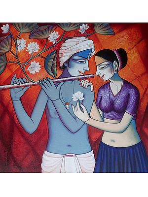 Fluting Krishna And Radha Holding Flower | Acrylic On Canvas | By Pravin Utge