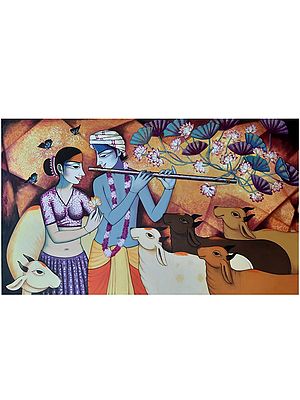 Radha And Krishna Together With Calm Cows | Acrylic On Canvas | By Pravin Utge