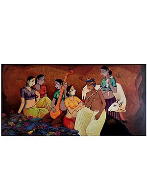 Rasleela - Radha And Krishna With Gopis | Acrylic On Canvas | By Pravin Utge