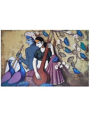 Fluting Krishna And Radha Playing Veena | Acrylic On Canvas | By Pravin Utge