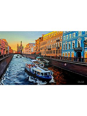 Cityscape - Boat On River Painting | Acrylic On Canvas | By Sanchita Agrahari