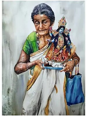 Old Lady With Kali Maa Statue | Watercolour On Paper | Priya Ghosh