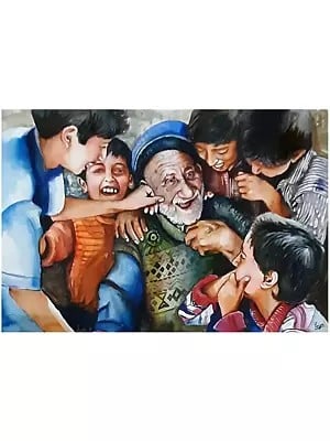 Old Man With Kids | Watercolour On Paper | Priya Ghosh
