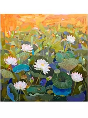 Lotus Flower Pond Painting | Oil And Acrylic On Canvas | By Sumita Maity