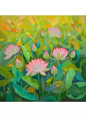 Colorful Pond With Beautiful Lotus Flowers Painting | Acrylic On Canvas | By Sumita Maity