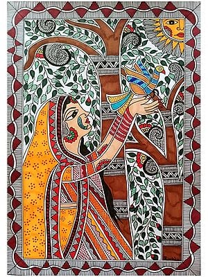 Lady With Bird Madhubani Painting  | Alcohol Markers And Fineliners On Paper | By Ruchi