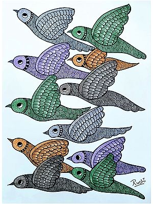 Colorful Birds Gond Art by Ruchi | Alcohol Markers and Fineliners on Paper