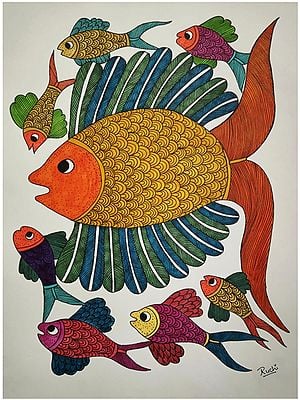 Fish Family - Gond Art | Alcohol Markers And Fineliners On Paper | By Ruchi