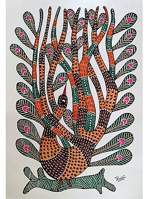 Dancing Peacock - Gond Art | Alcohol Markers and Fineliners On Paper | By Ruchi