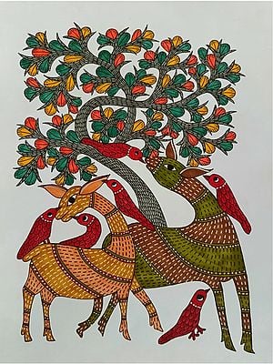 Deer With Birds - Gond Art | Alcohol Markers And Fineliners On Paper | By Ruchi