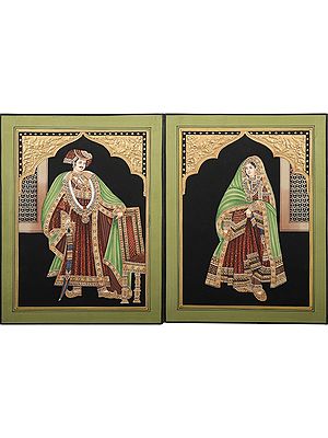 Standing Queen And King - Embossed With Inlay Work - Set of 2 | Stone On Base Paper | By Kailash Chandra