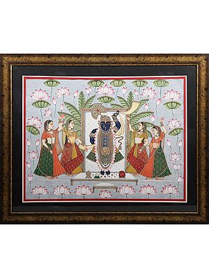 Shrinath Ji With Devotees - Pichwai Painting | With Frame | Stone Color On Silk | By Kailash Chandra