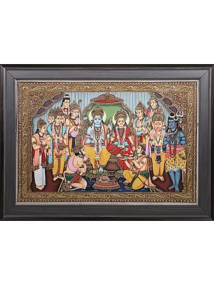 Beautiful Ram Darbar With Gods - With Inlay Work | With Frame | Gold Foil On Wood With Natural Colors | By Kailash Chandra