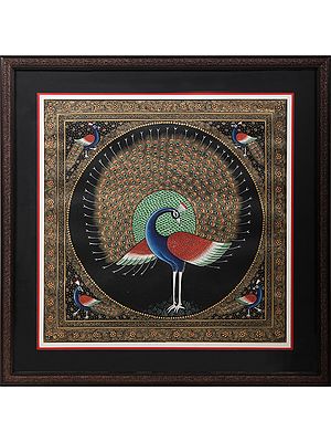 Dancing Peacock With Beautiful Borders | With Frame | Gold Colors On Silk | By Kailash Chandra