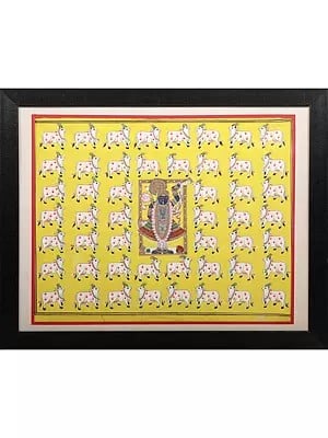 Shrinathji Surrounded By Cow's - Pichwai Painting | With Frame | Cotton Silk | By Kailash Chandra