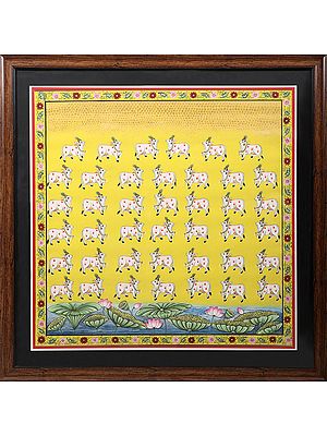 Beautiful Kamal Talai With Cow's - Pichwai Painting | With Frame | Natural Color On Cotton Silk | By Kailash Chandra