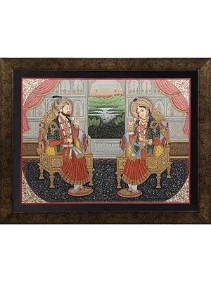 Attractvie Painting Of Shahjahan And Mumtaaz - With Inlay Work | With Frame | Natural Color On Paper | By Kailash Chandra