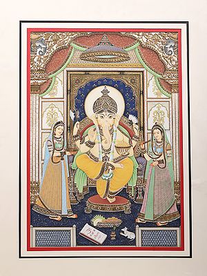 Seated Ganesha With Devotees - Embossed With Inlay Work | Natural Color On Paper | By Kailash Chandra