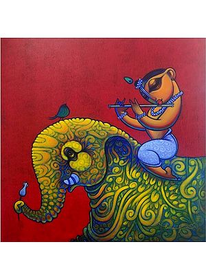 Bal Krishna With Elephant | Acrylic On Canvas | By Ramesh Gujar